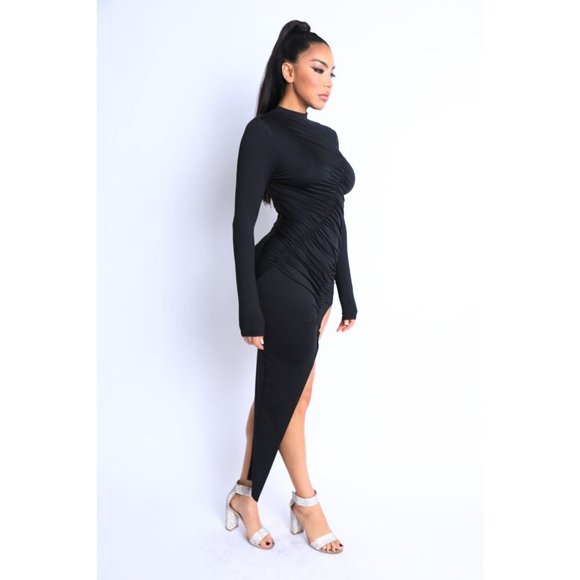 Women Asymmetric Ruched Rhinestones Double Strapped Long sleeve Dress Club Party - Picture 7 of 12